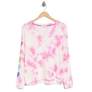 PJ Salvage Pink Tie Dye V-neck Heart LS Top Small